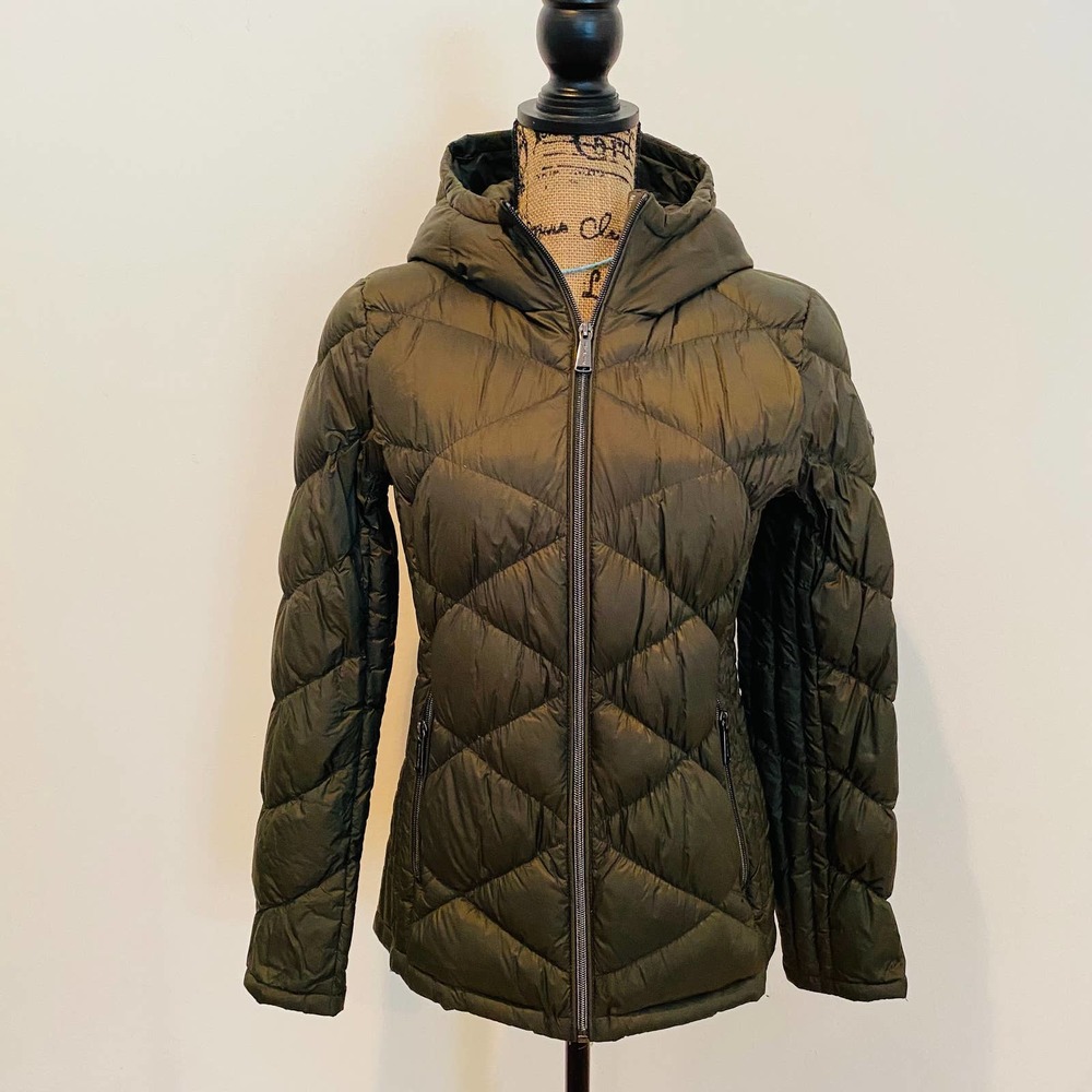 Michael Kors Packable Down Filled Olive Green Fitted Hooded Lightweight Jacket S